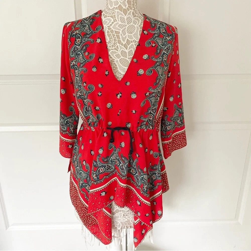 Zara Asymmetric Boho Bandana Paisley Tie Front Top - Picture 8 of 12